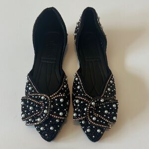 Black Beaded Pointed Toe Flats with Pearl Bow Comfy Stylish Classy Daily Shoes